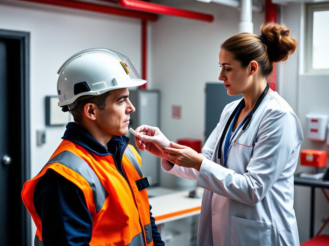 Profesional de salud ocupacional aplicando un test de drogas en saliva a un trabajador